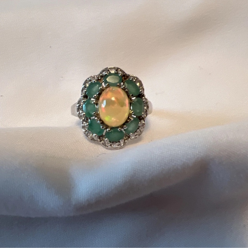 VJL Sterling Silver Opal Color, Emerald Color & Clear Stone Ring - Size 8 3/4